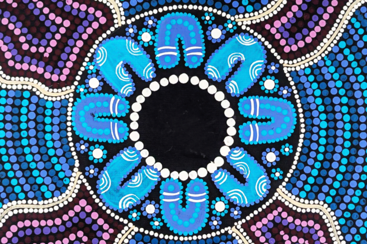 Aboriginal-style dot painting featuring a circular central design surrounded by blue and purple patterns, with repeated curved shapes radiating outward.